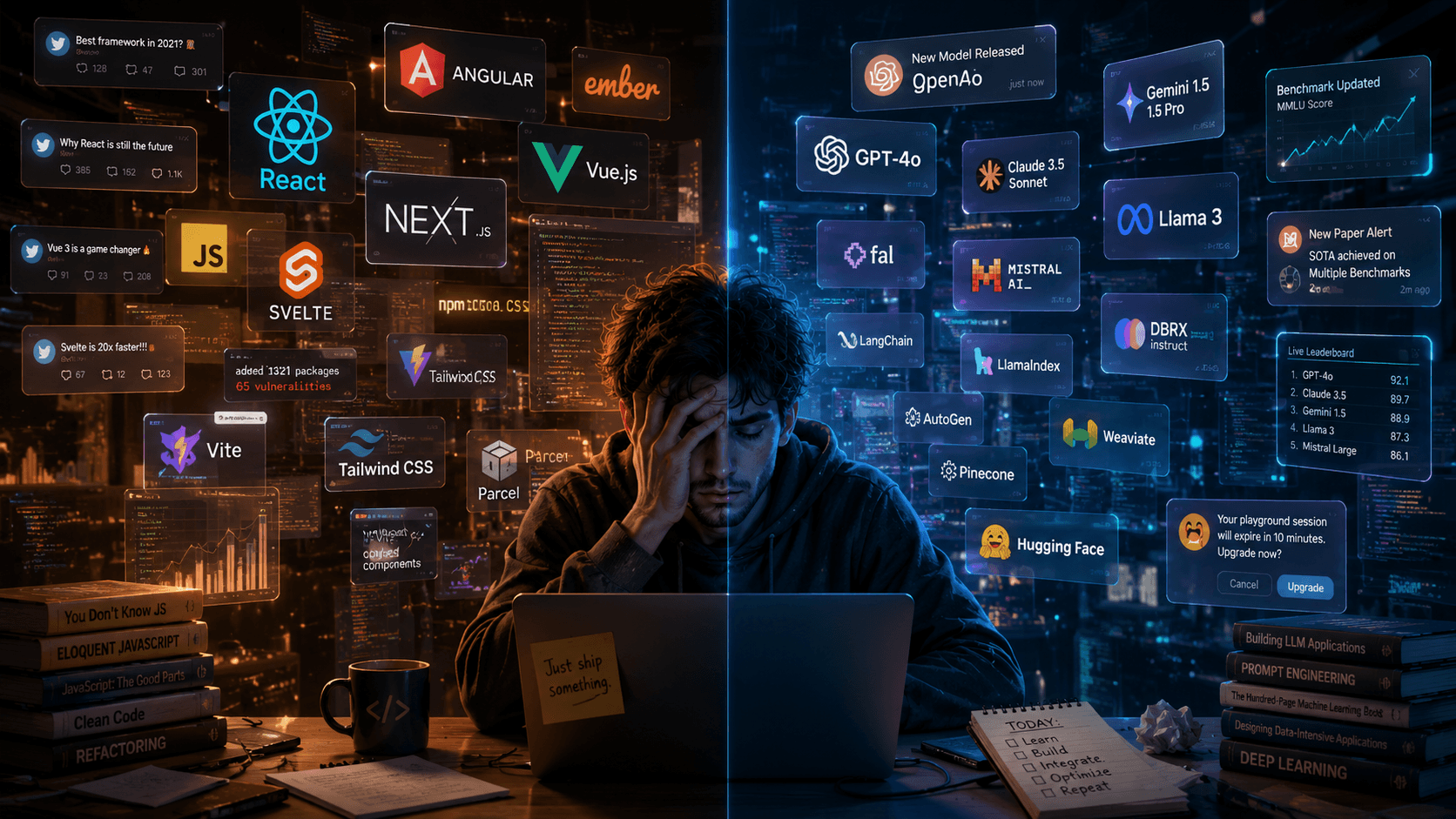 An overwhelmed engineer at a laptop between two walls of floating logos — JavaScript frameworks like React, Vue, and Next.js on one side, AI models like GPT-4o, Claude, and Llama on the other.