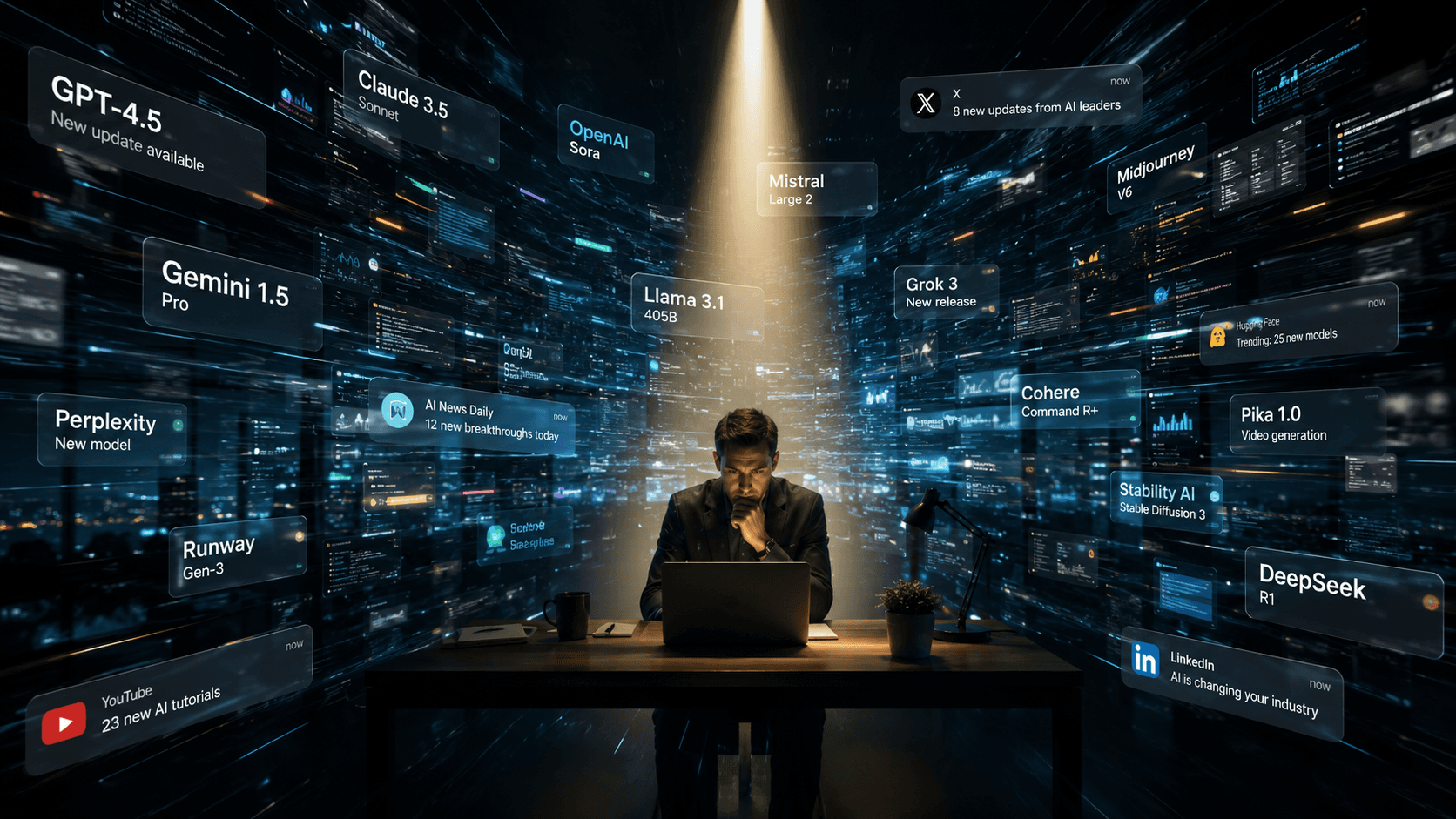 A professional working at a laptop under a spotlight, surrounded on all sides by a wall of glowing AI model release notifications — GPT-4.5, Claude, Gemini, Llama, Mistral, Grok, and dozens more.