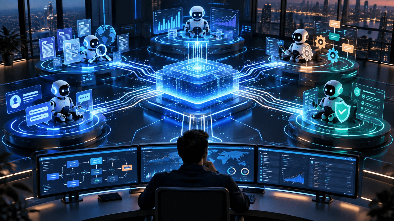 A person at a curved bank of monitors overseeing a glowing central orchestration hub connected by circuit-like pathways to five robot agents handling research, analytics, customer messages, workflow automation, and security checks.