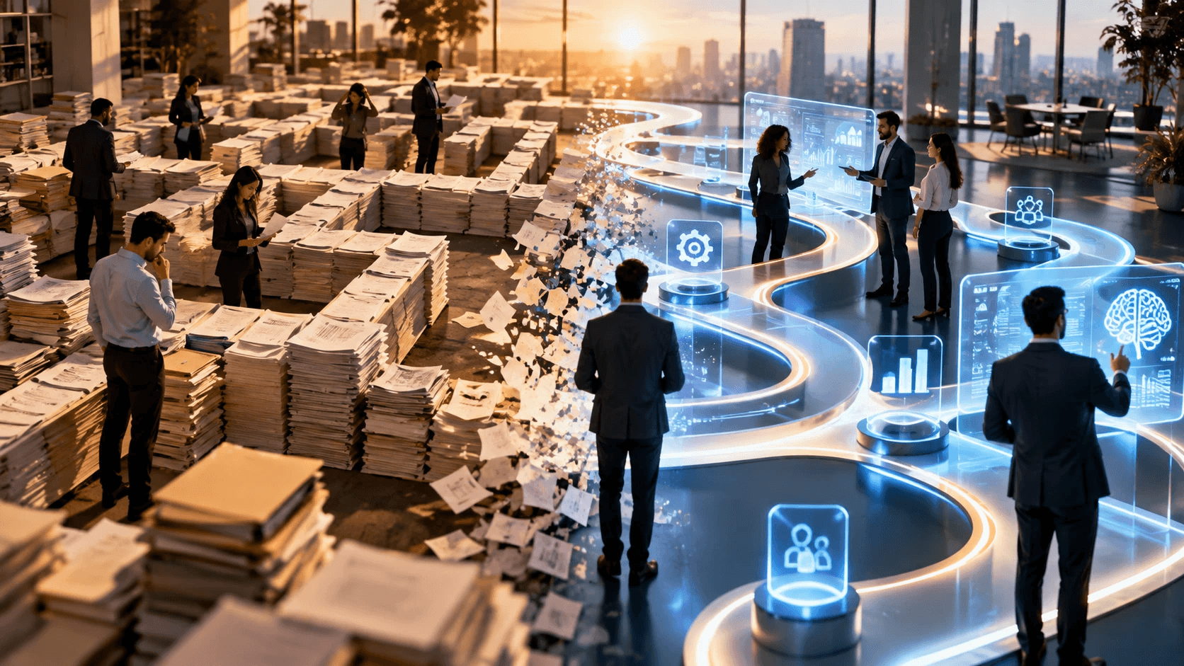An office split in two at sunset: on one side, professionals lost in a maze of towering paper stacks; on the other, the paper dissolves into a glowing, flowing pathway where people collaborate around holographic dashboards and AI icons.