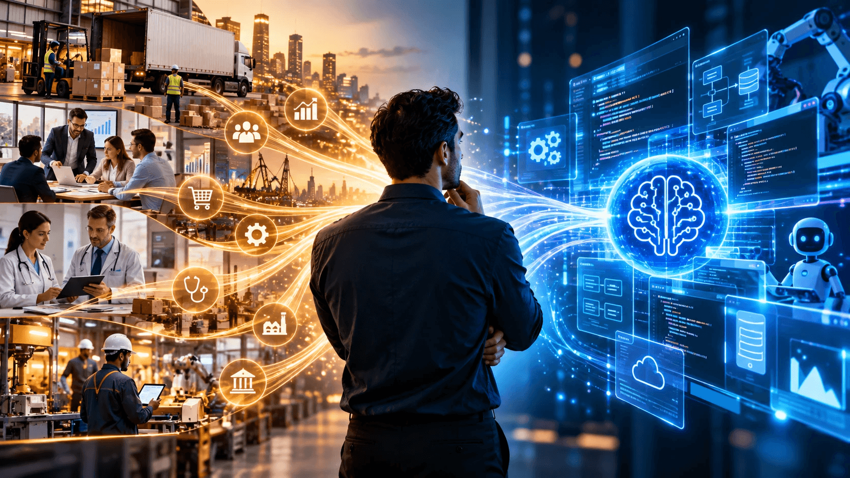 A person standing between two worlds: on the left, warm scenes of logistics, business meetings, healthcare, and factory work stream as golden threads of industry icons; on the right, they flow into a glowing blue AI brain surrounded by code, diagrams, and robots.