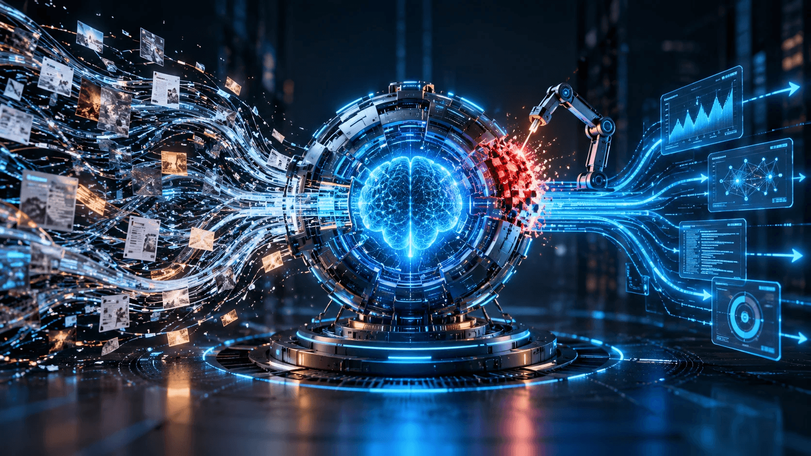 A glowing AI brain inside a circular machine as streams of documents and images pour in from one side, a robotic arm repairing a red, fracturing section of its shell, and clean streams of data flowing out to charts and dashboards on the other side.