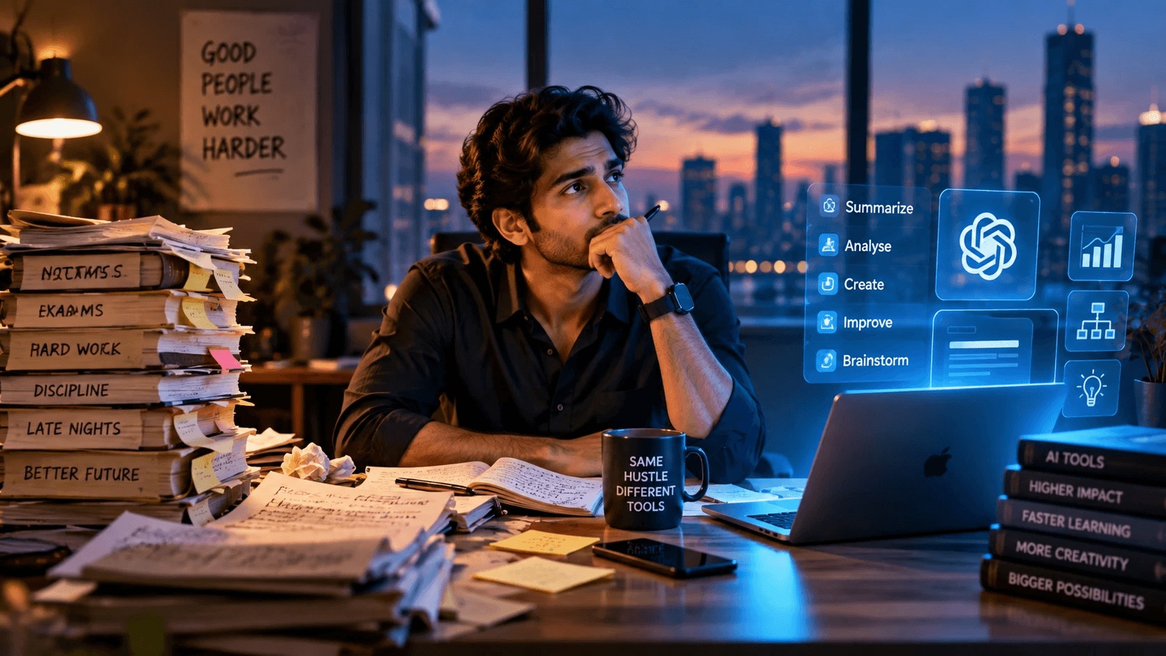 A thoughtful young man at a desk at night, between towering stacks of books labeled exams, hard work, discipline, and late nights beneath a 'Good People Work Harder' poster, and a glowing laptop with AI tool panels for summarize, analyse, create, improve, and brainstorm, beside a mug reading 'Same Hustle Different Tools'.