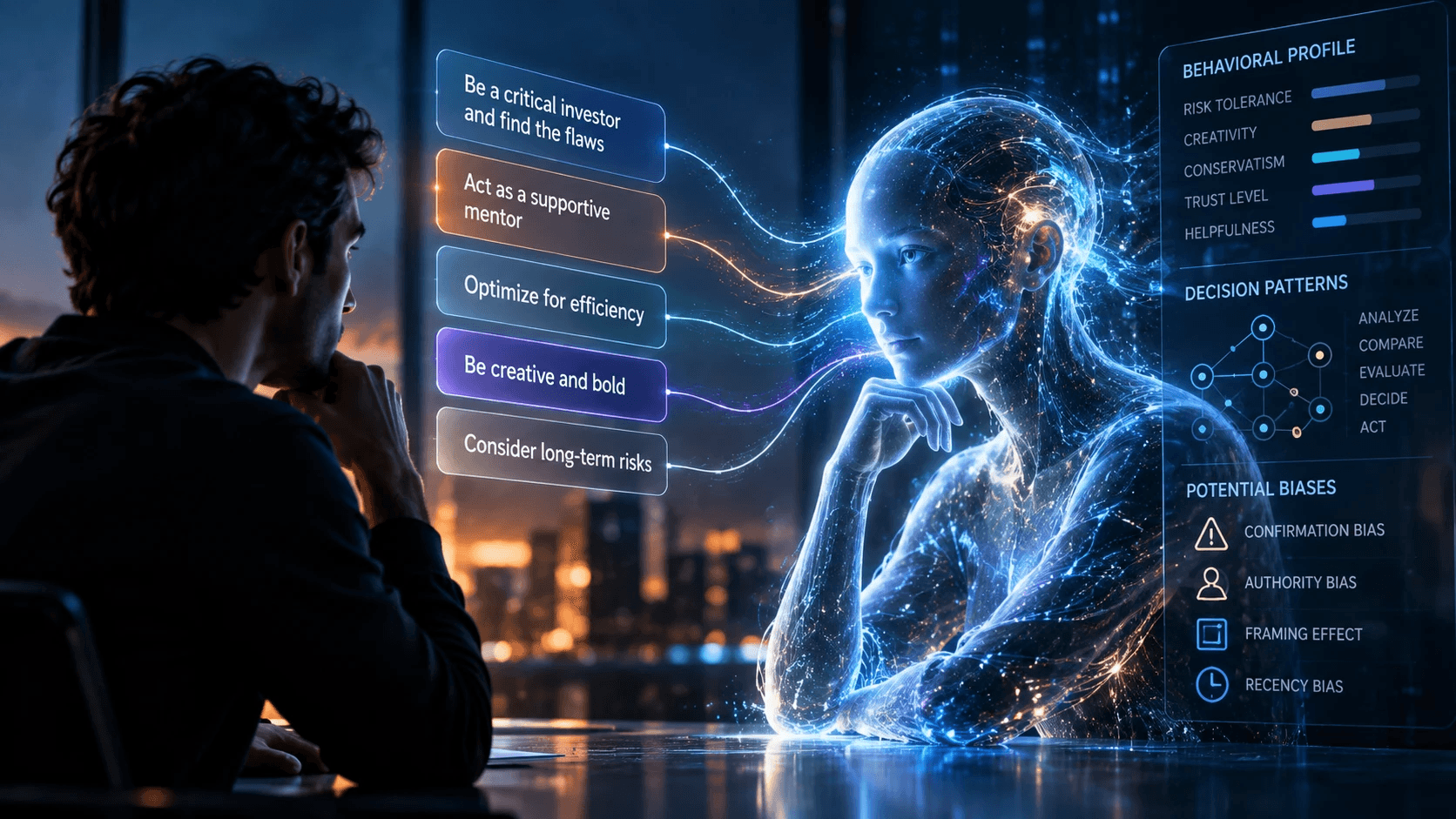 A person facing a glowing translucent AI figure, connected by streams of light to prompt cards like 'Be a critical investor' and 'Act as a supportive mentor', beside a holographic panel showing a behavioral profile, decision patterns, and potential biases.